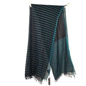 Y&D XL Cotton Blend Scarf Wrap Oblong Teal Black Stripe 2 Sided 34 X 80 in NWT